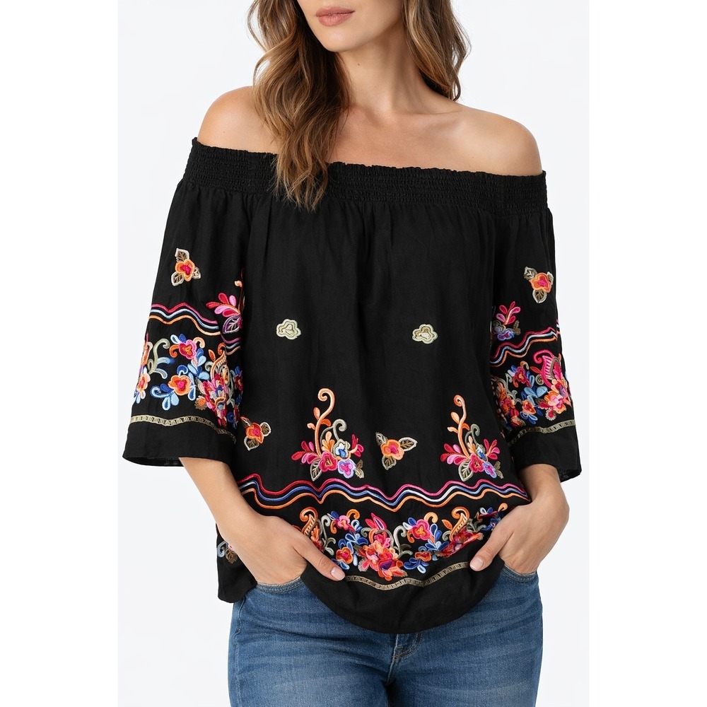Studio West Black Off-Shoulder Embroidered Tunic